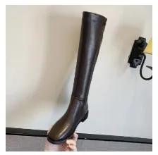 2020 New Winter Leather Women Knee High Boots Motorcycle Square Toe Zip Footwear Low Heels Female Riding Boot Woman Long Boots
