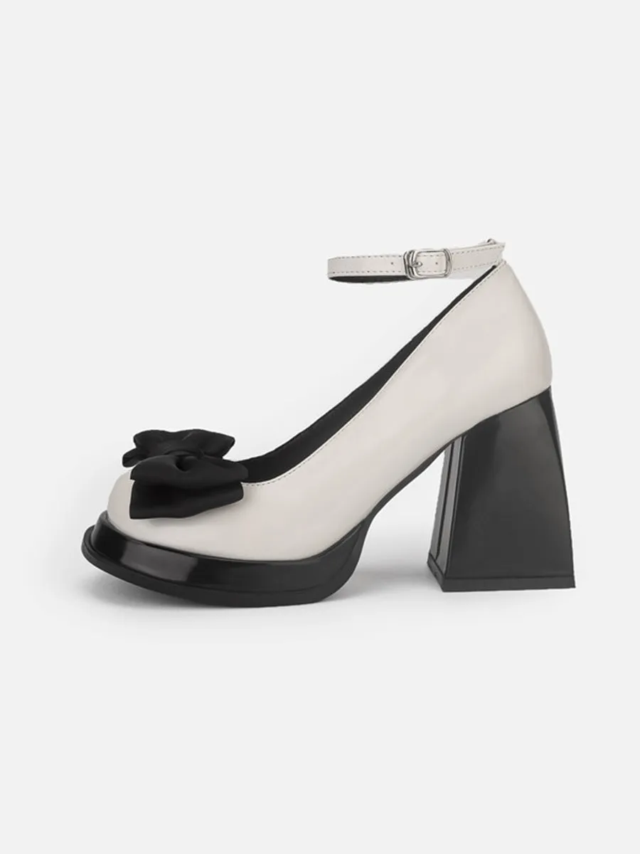 Ankle Strap Bow Tie Chunky Heeled Platform Pumps