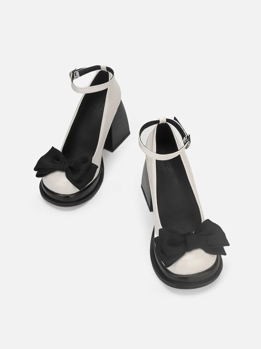 Ankle Strap Bow Tie Chunky Heeled Platform Pumps