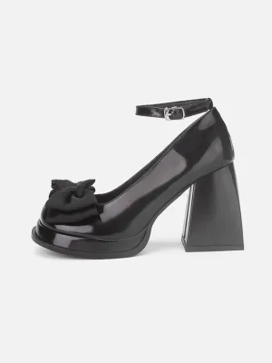 Ankle Strap Bow Tie Chunky Heeled Platform Pumps