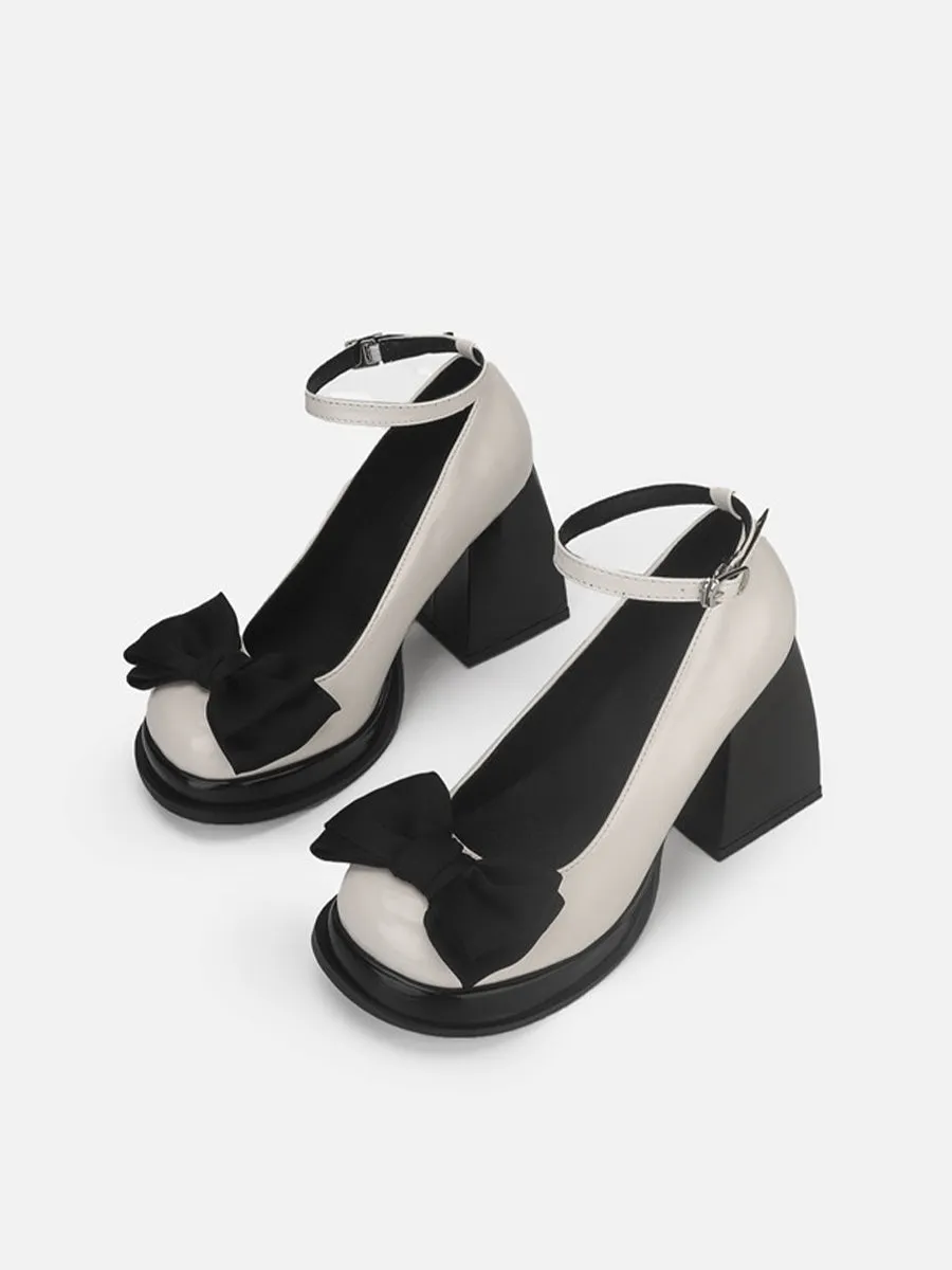 Ankle Strap Bow Tie Chunky Heeled Platform Pumps