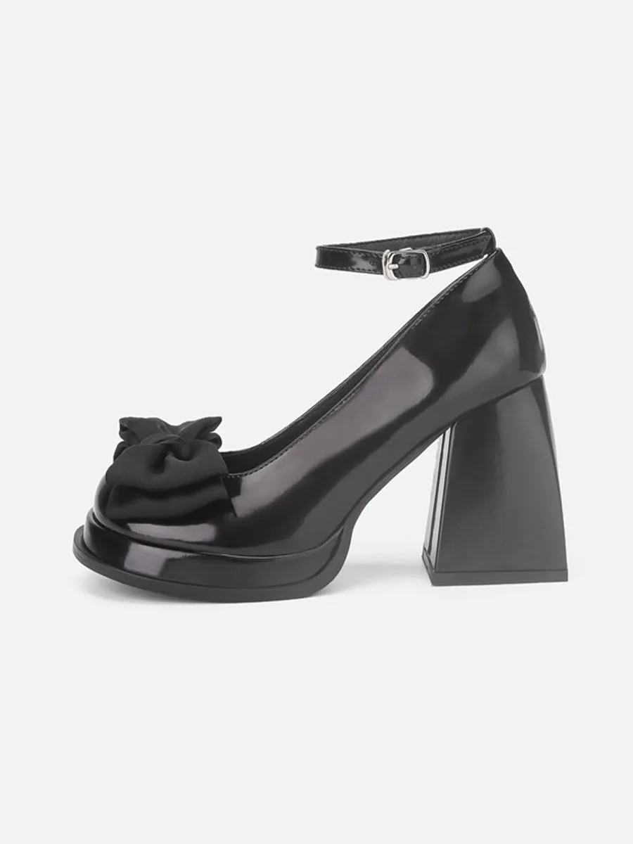 Ankle Strap Bow Tie Chunky Heeled Platform Pumps