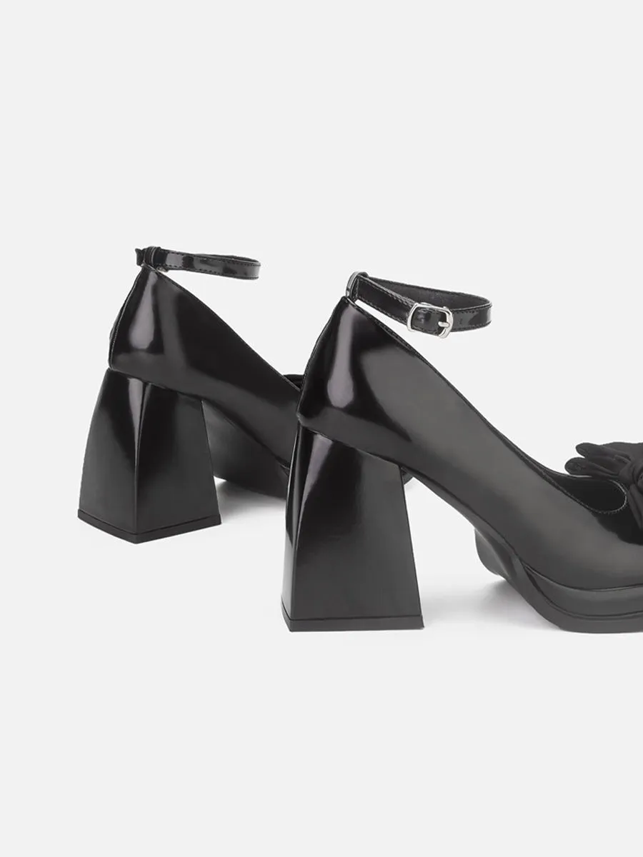 Ankle Strap Bow Tie Chunky Heeled Platform Pumps