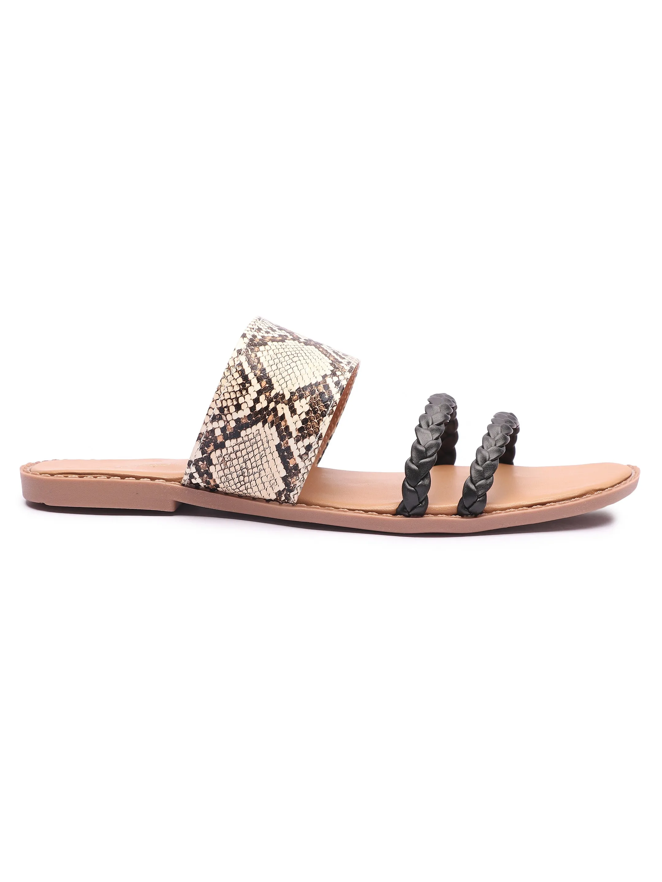 Brauch Women's Beige Snake Printed Flat Sandal