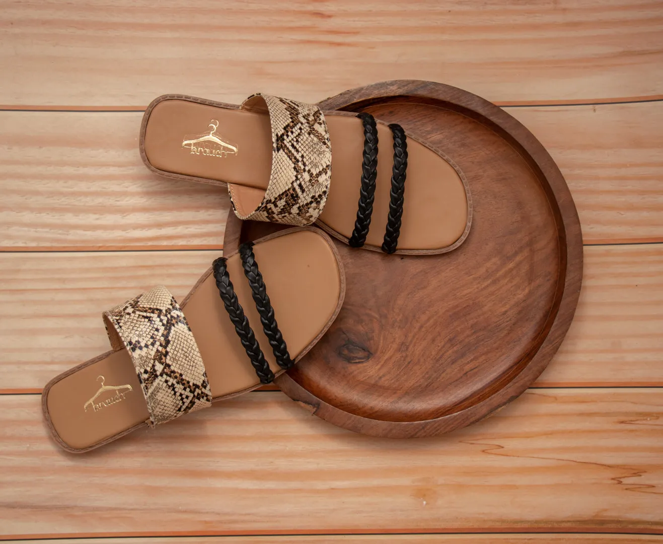 Brauch Women's Beige Snake Printed Flat Sandal