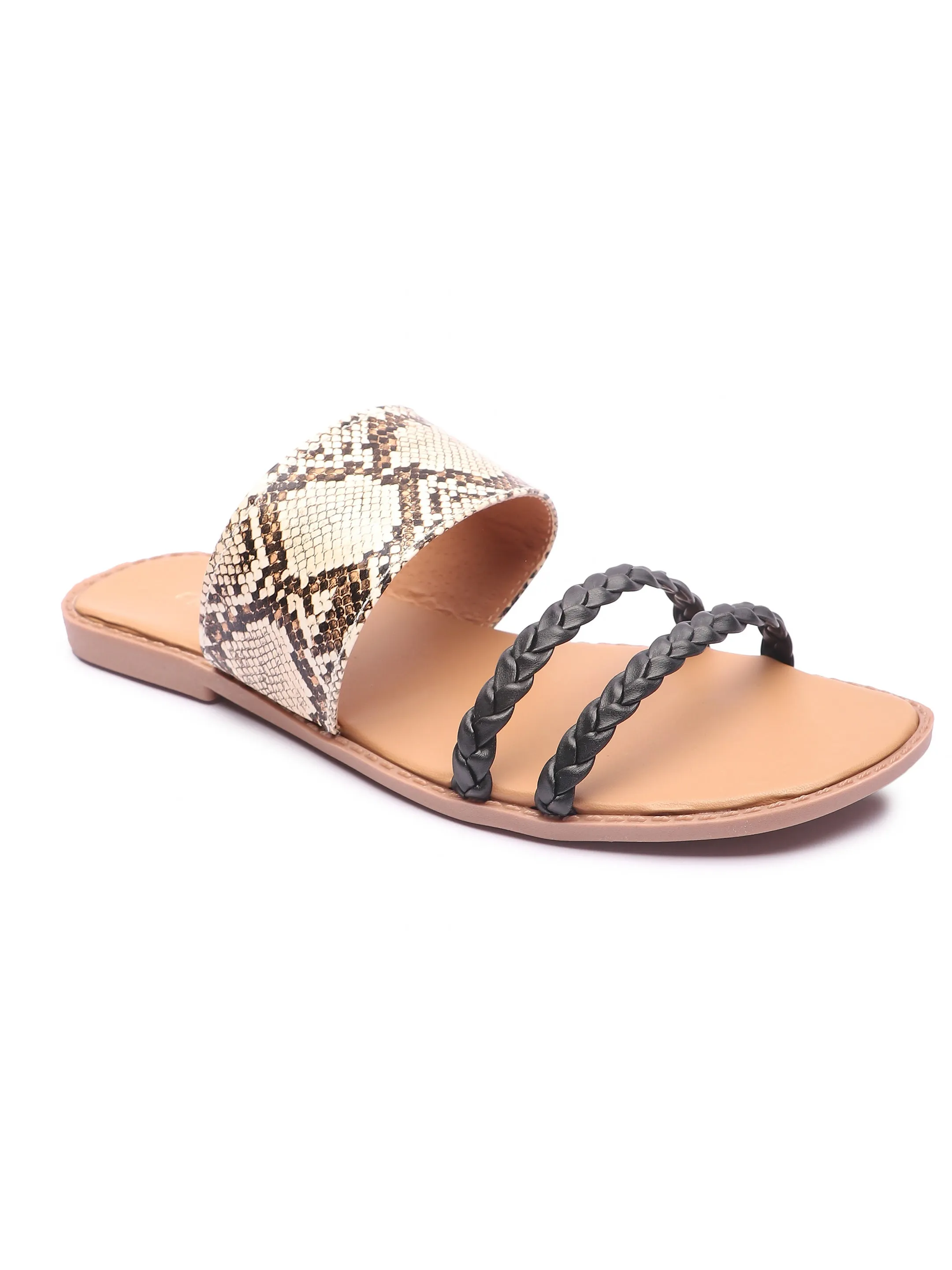 Brauch Women's Beige Snake Printed Flat Sandal