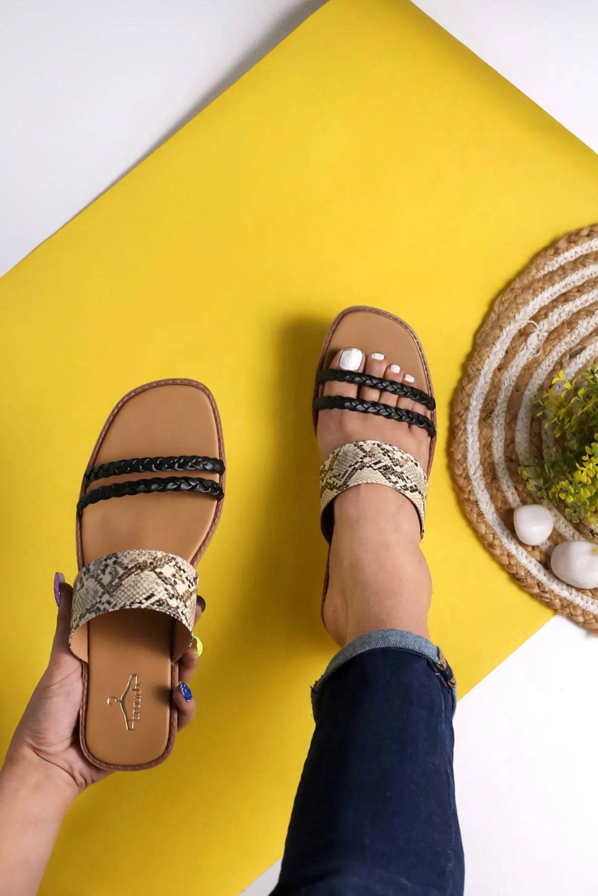 Brauch Women's Beige Snake Printed Flat Sandal