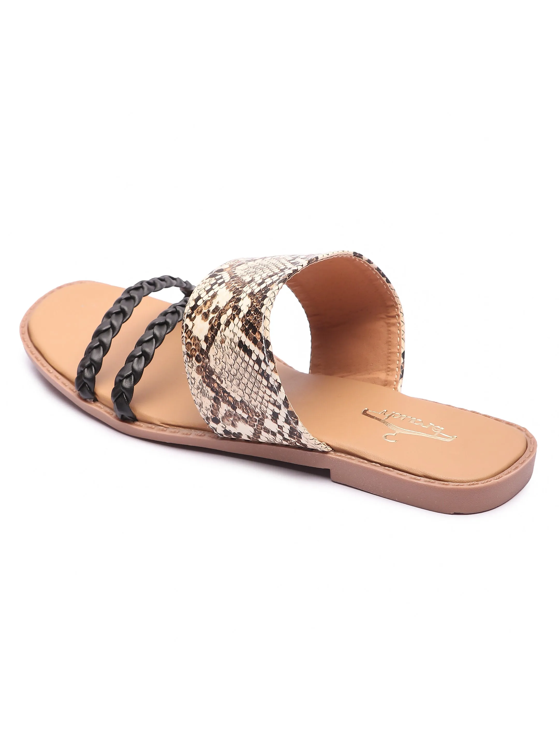 Brauch Women's Beige Snake Printed Flat Sandal