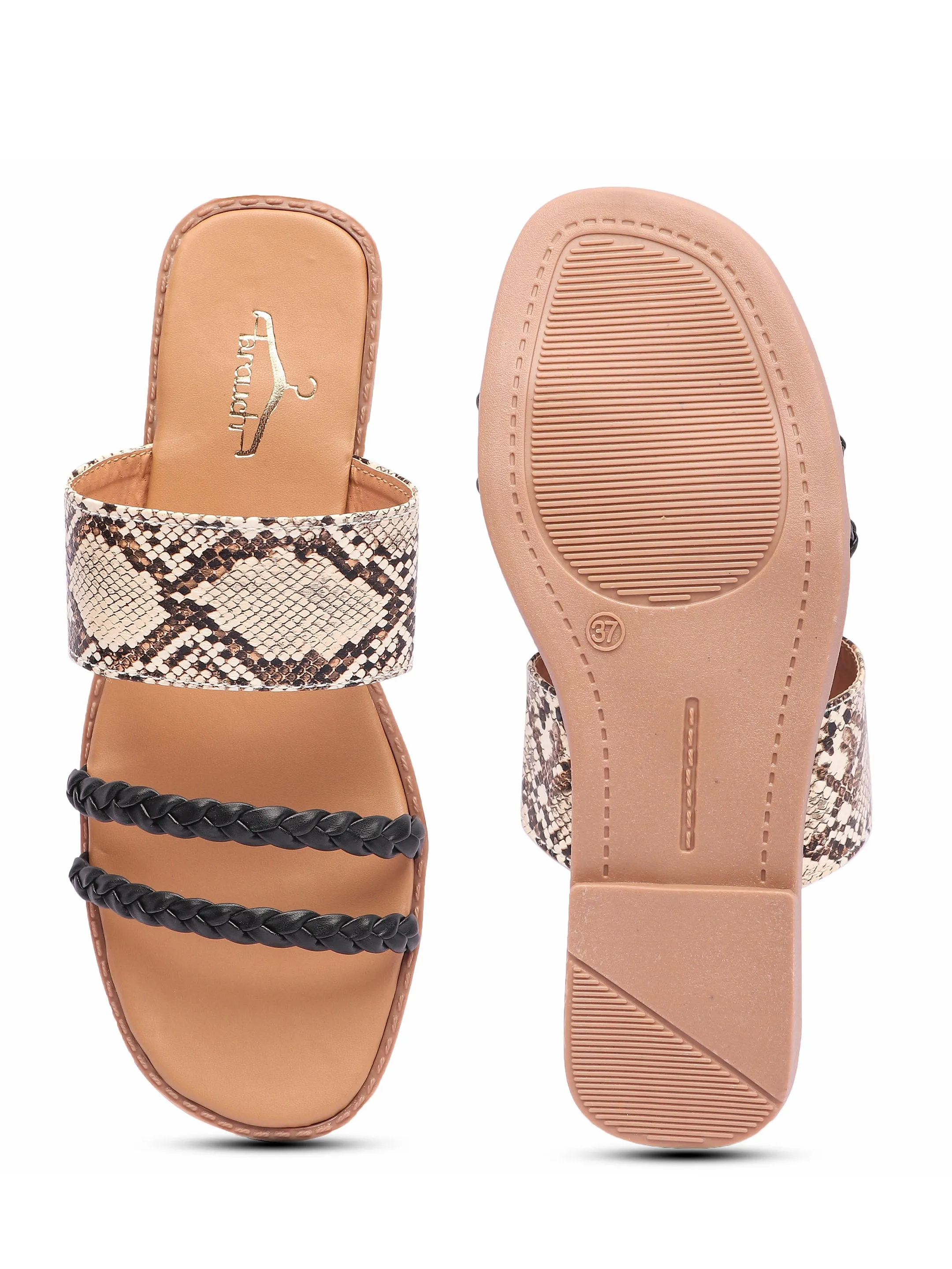 Brauch Women's Beige Snake Printed Flat Sandal
