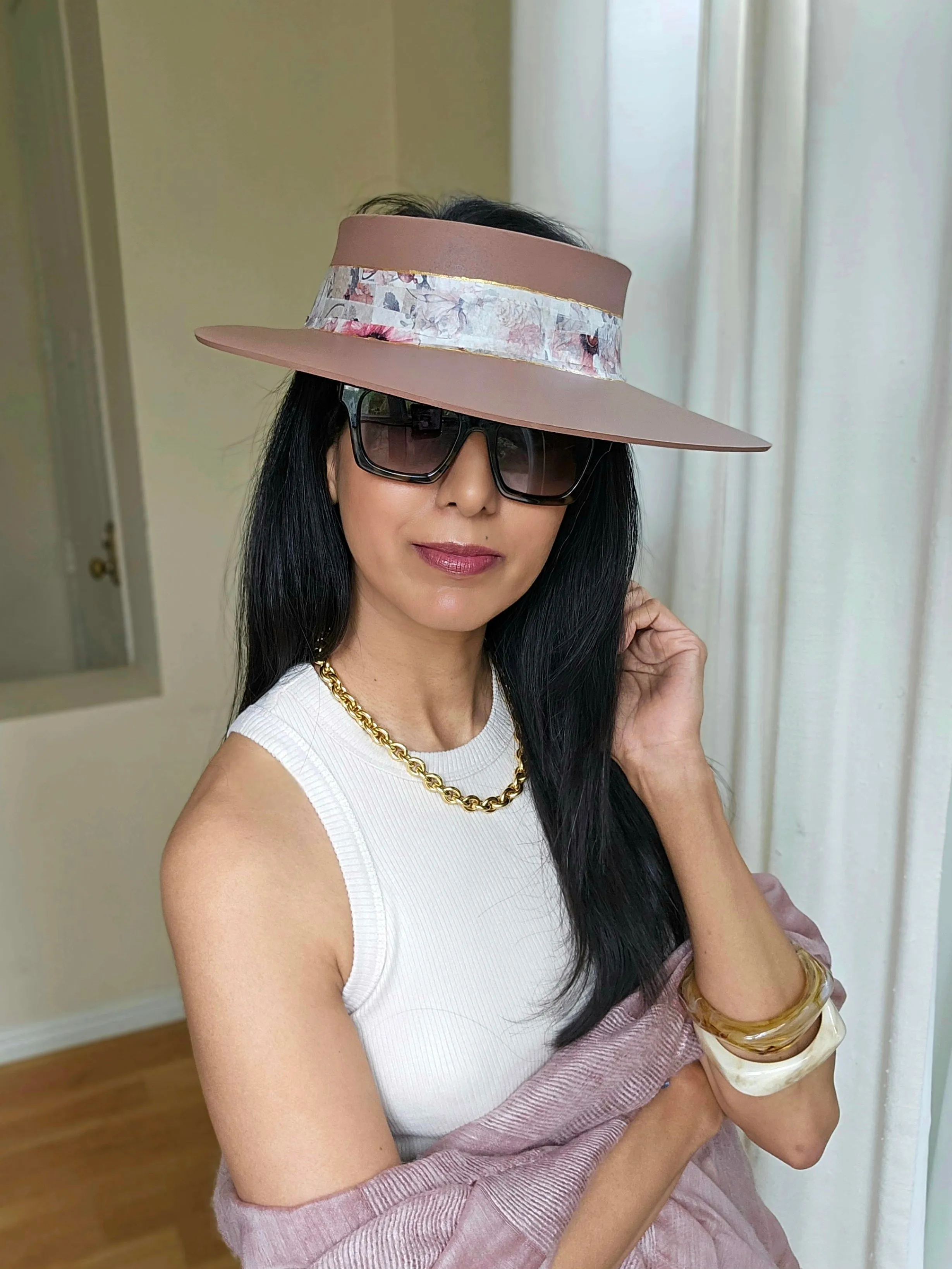 Brown "LadyEVA" Visor Hat with Pink Floral Band