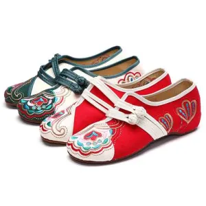 Chinese Embroidered Flower Mary Janes Buckle Casual Flat Loafers