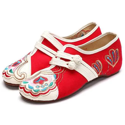 Chinese Embroidered Flower Mary Janes Buckle Casual Flat Loafers