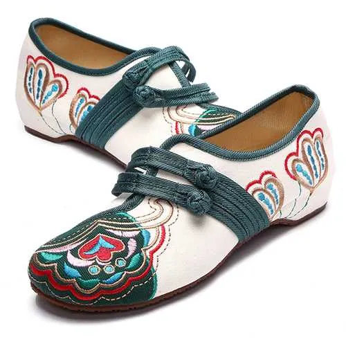 Chinese Embroidered Flower Mary Janes Buckle Casual Flat Loafers