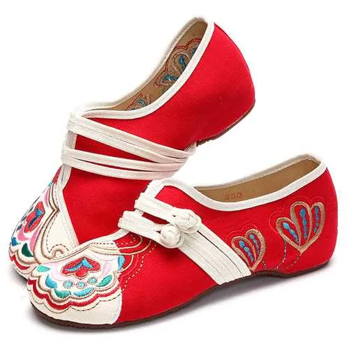 Chinese Embroidered Flower Mary Janes Buckle Casual Flat Loafers