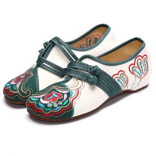 Chinese Embroidered Flower Mary Janes Buckle Casual Flat Loafers
