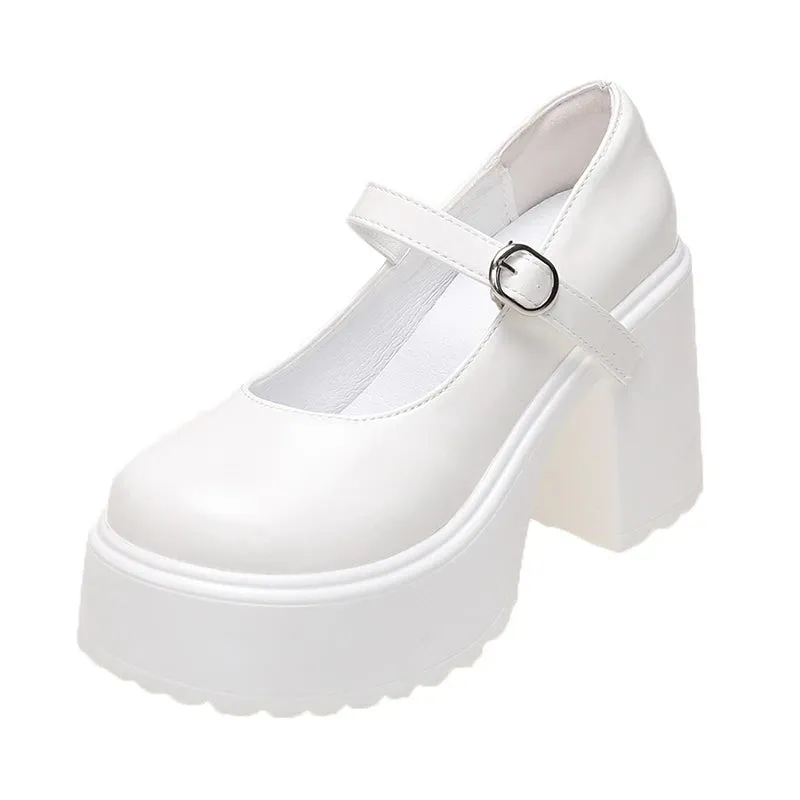 Chunky Platform High Heels Pumps Women 2023 Autumn Pu Leather Ankle Buckle Mary Jane Shoes Woman Thick Heeled White Lolita Shoes