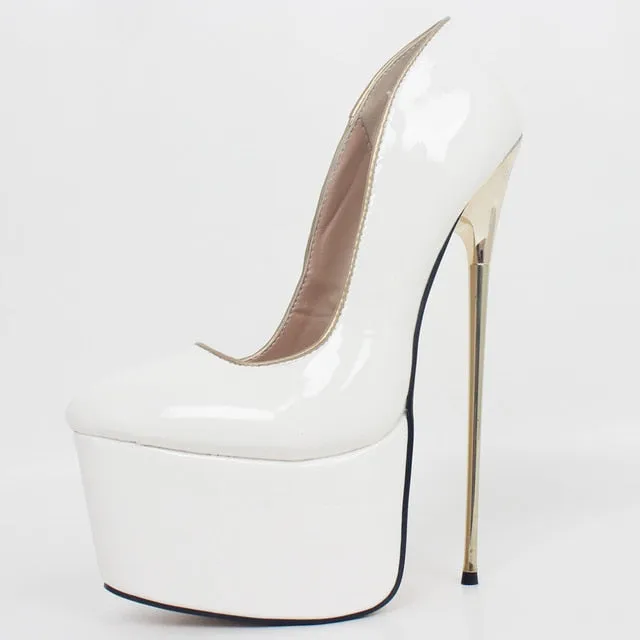 jialuowei Women Platform Pumps 22cm High Heel Fashion PU Leather Gold Metal Heel Shallow Slip-on Dance Nightclub Shoes
