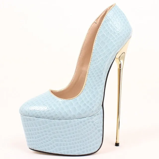 jialuowei Women Platform Pumps 22cm High Heel Fashion PU Leather Gold Metal Heel Shallow Slip-on Dance Nightclub Shoes