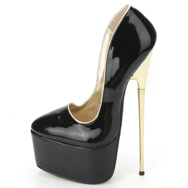 jialuowei Women Platform Pumps 22cm High Heel Fashion PU Leather Gold Metal Heel Shallow Slip-on Dance Nightclub Shoes