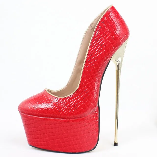 jialuowei Women Platform Pumps 22cm High Heel Fashion PU Leather Gold Metal Heel Shallow Slip-on Dance Nightclub Shoes