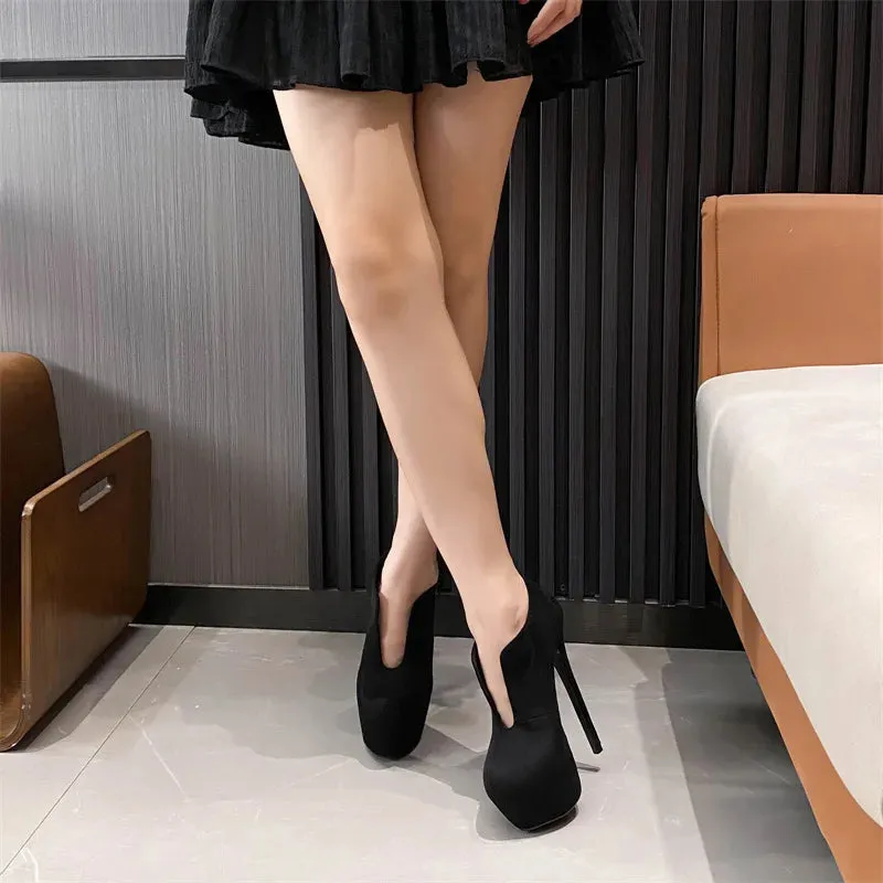 Liyke Big Size 44 45 Women Extreme Thin High Heel Dance Shoes Solid Black Round Toe Slip On Platform Pumps