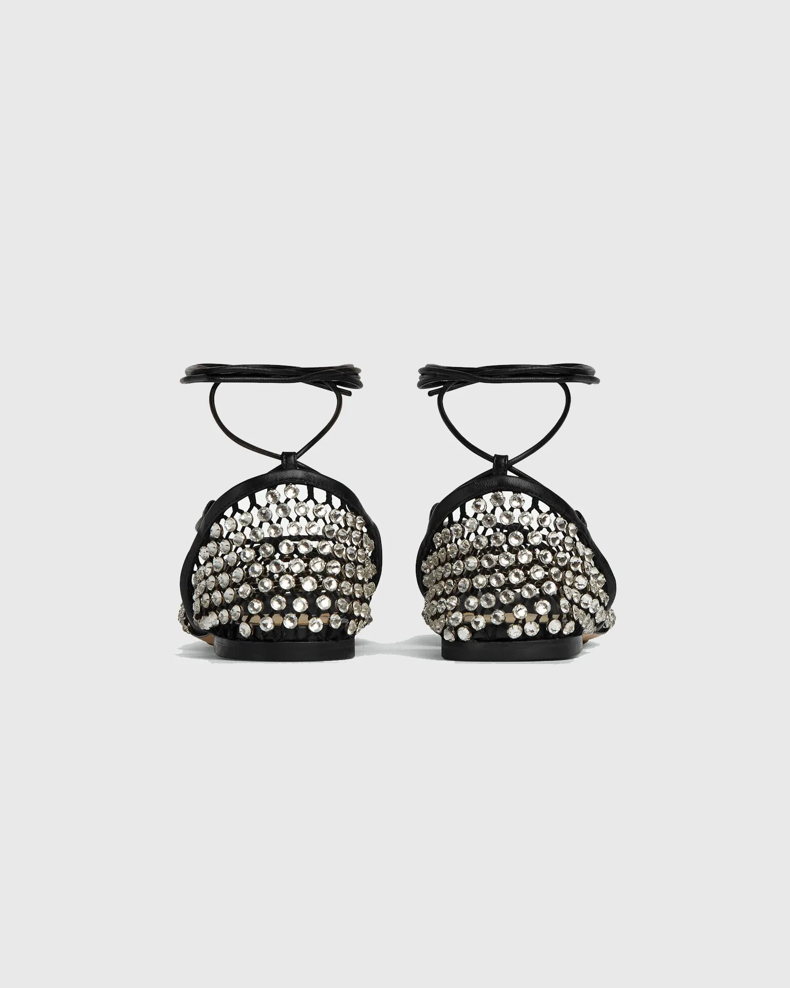 Luca Rhinestone Embellished Fishnet Lace Up Flats In Black