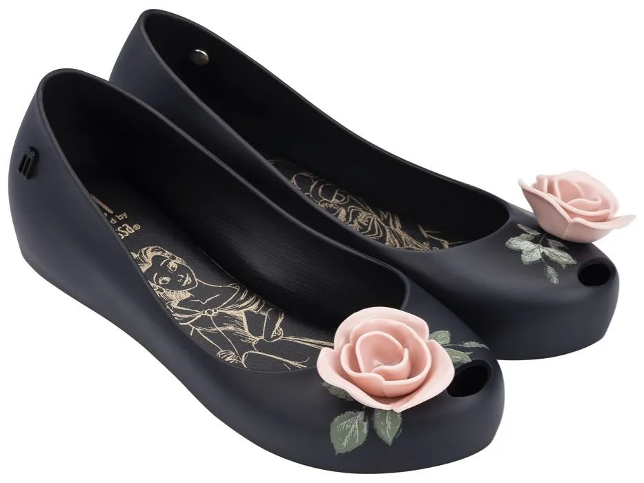 Mel by Melissa Beauty & The Beast Shoes-Black w/Pink Rose