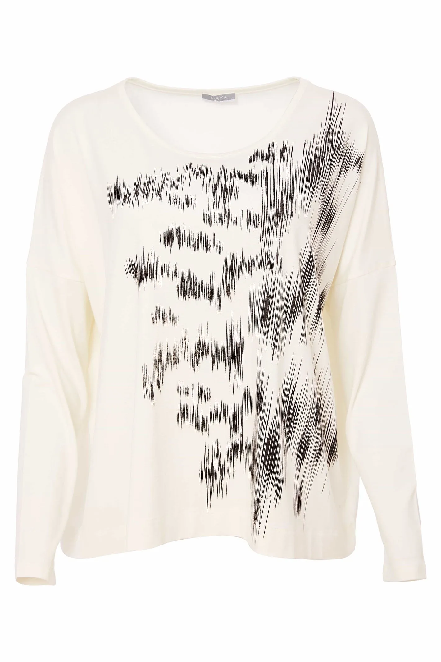 Naya NAS25287 Off White/ Black Brush Print Box Shape Round Neck Top