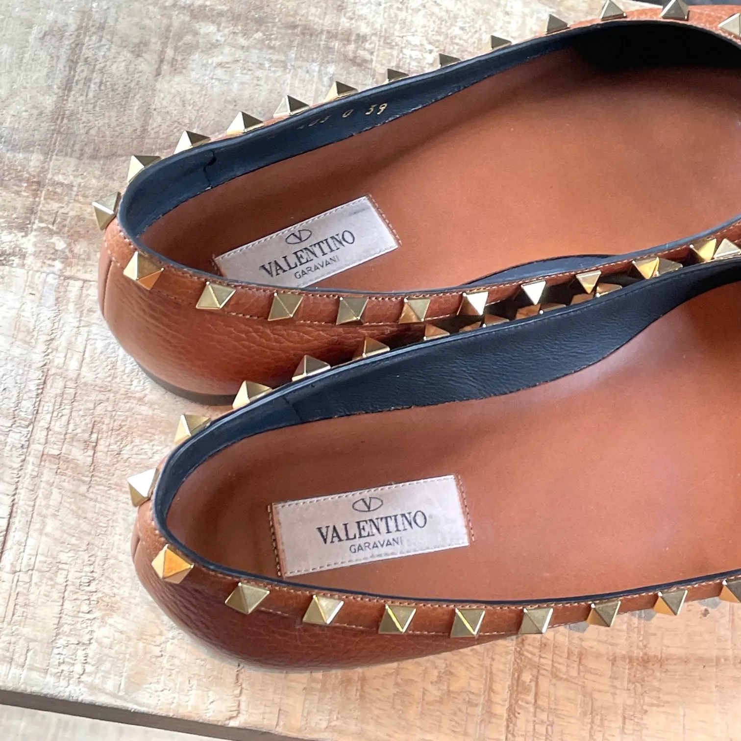 Valentino Light Brown Pebbled Leather Rockstud Ballet Flats