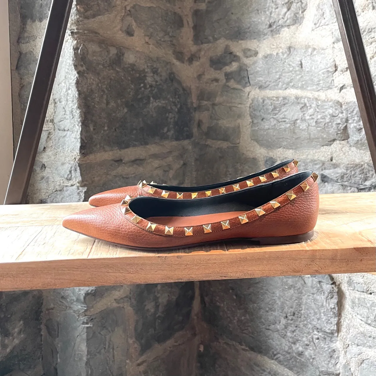 Valentino Light Brown Pebbled Leather Rockstud Ballet Flats