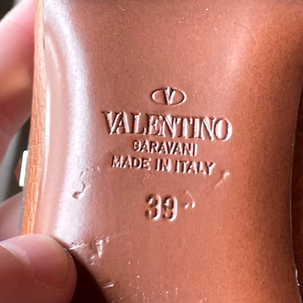 Valentino Light Brown Pebbled Leather Rockstud Ballet Flats