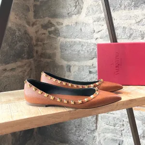Valentino Light Brown Pebbled Leather Rockstud Ballet Flats