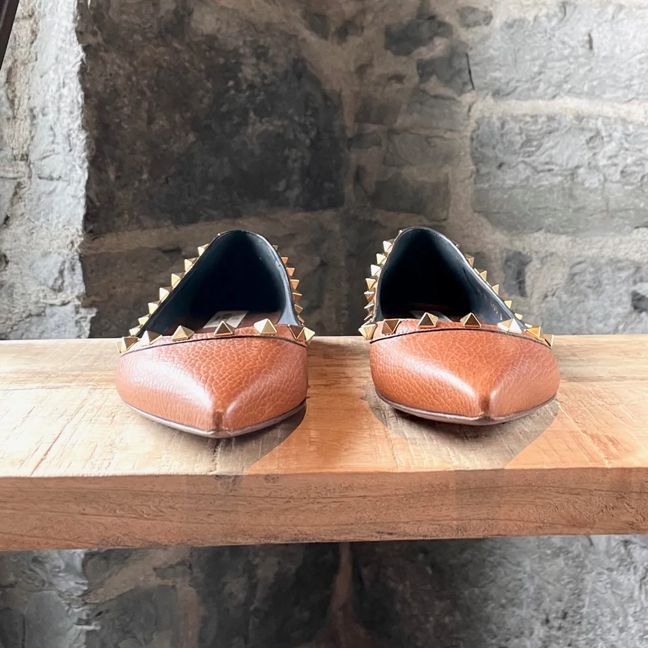 Valentino Light Brown Pebbled Leather Rockstud Ballet Flats