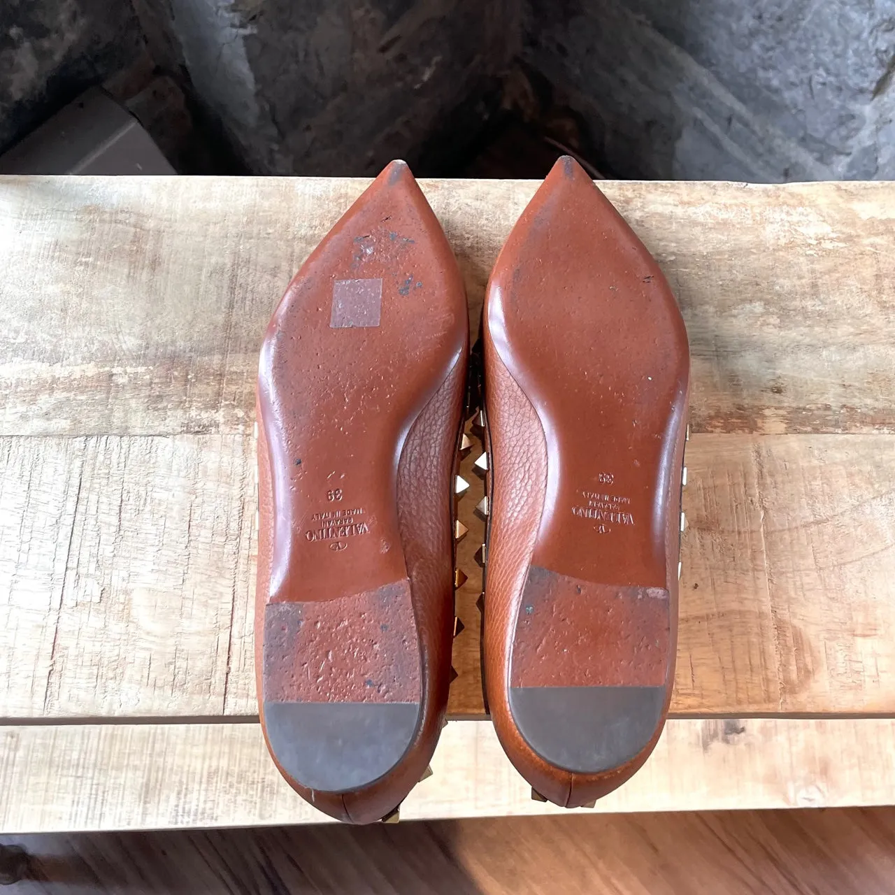 Valentino Light Brown Pebbled Leather Rockstud Ballet Flats