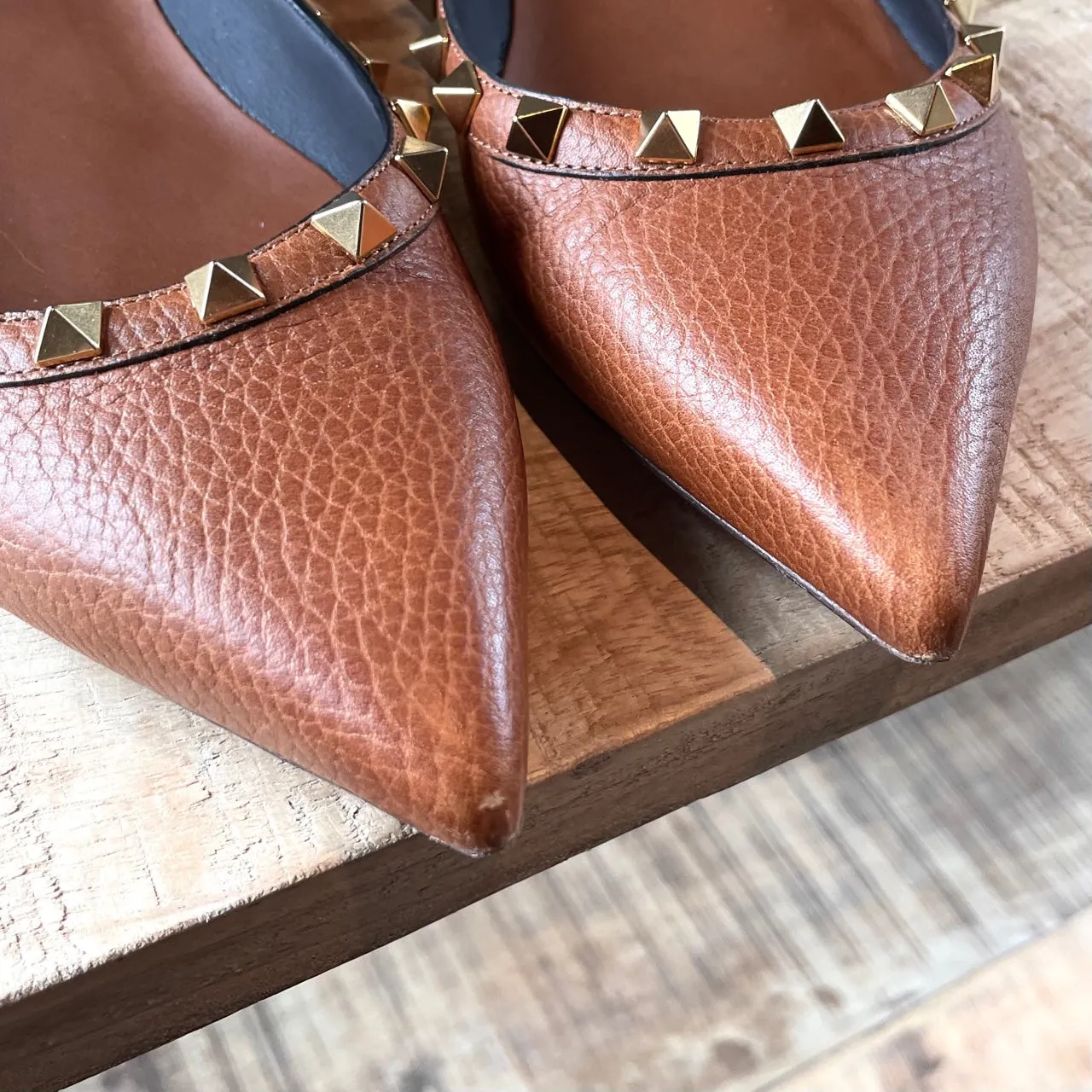 Valentino Light Brown Pebbled Leather Rockstud Ballet Flats