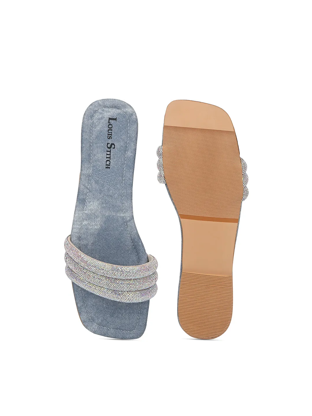 Women's Blue Shiny Strap Flat Heel Lightweight Sandals