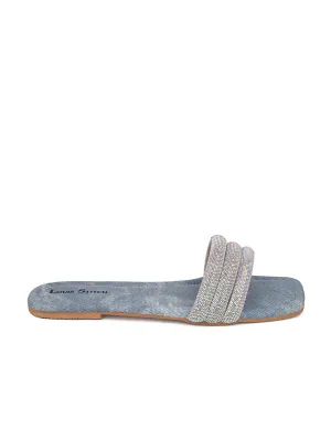 Women's Blue Shiny Strap Flat Heel Lightweight Sandals