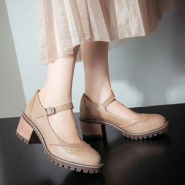 Women's Retro Carved Buckle Block Heels Mary Jane 97185830S