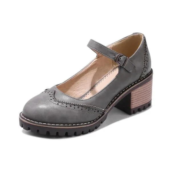 Women's Retro Carved Buckle Block Heels Mary Jane 97185830S