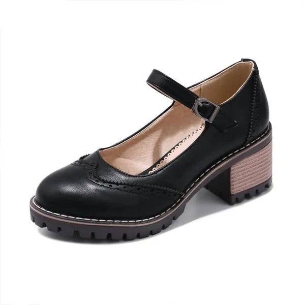 Women's Retro Carved Buckle Block Heels Mary Jane 97185830S