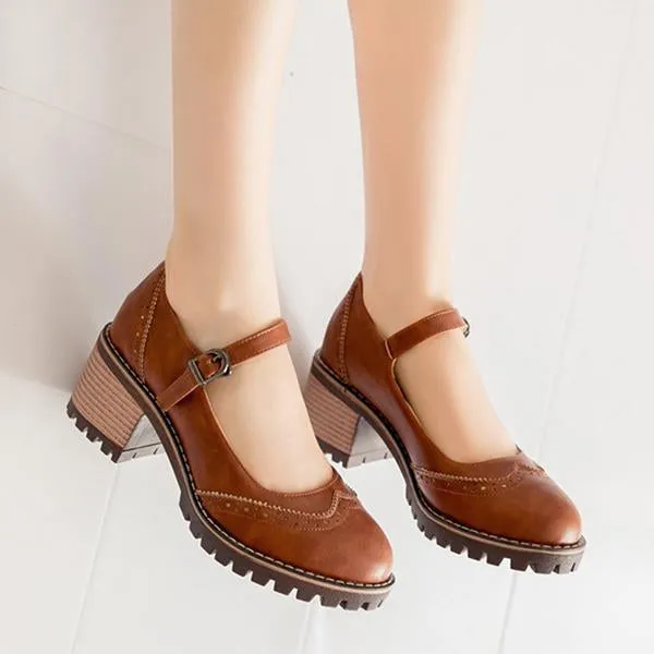 Women's Retro Carved Buckle Block Heels Mary Jane 97185830S