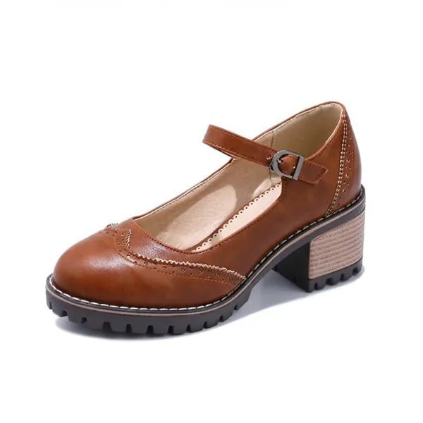Women's Retro Carved Buckle Block Heels Mary Jane 97185830S