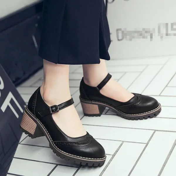 Women's Retro Carved Buckle Block Heels Mary Jane 97185830S