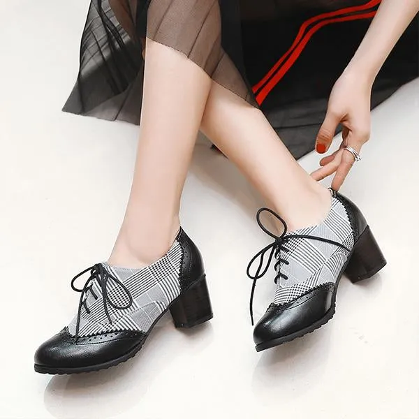 Women's Retro Plaid Lace-Up Casual Block Heels 78411176S