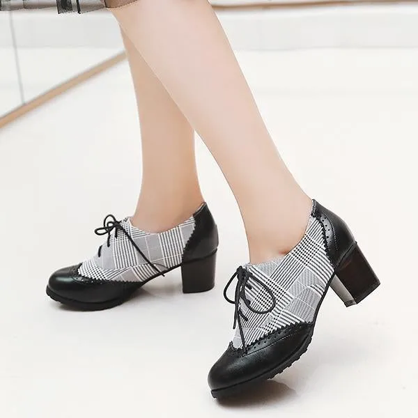 Women's Retro Plaid Lace-Up Casual Block Heels 78411176S