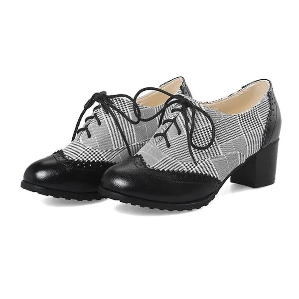 Women's Retro Plaid Lace-Up Casual Block Heels 78411176S