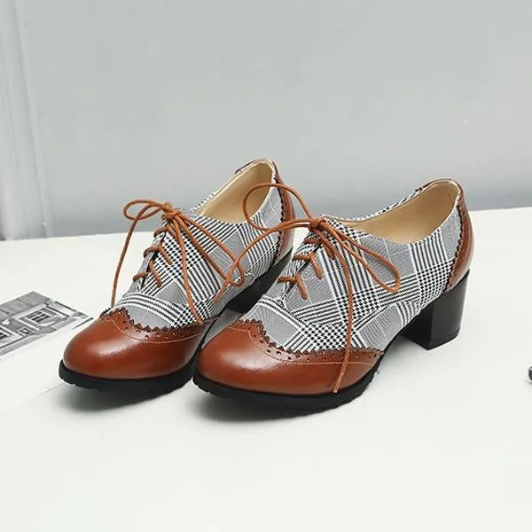 Women's Retro Plaid Lace-Up Casual Block Heels 78411176S