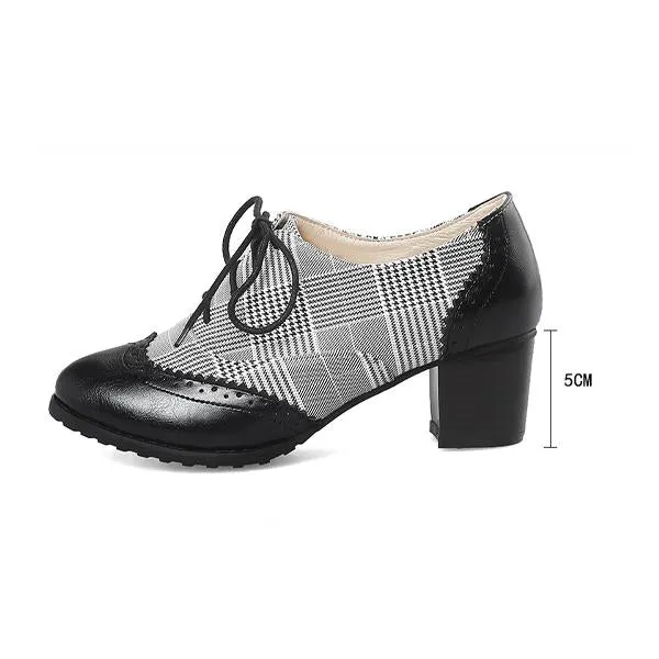 Women's Retro Plaid Lace-Up Casual Block Heels 78411176S