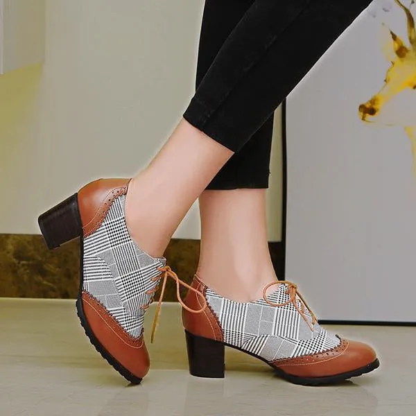 Women's Retro Plaid Lace-Up Casual Block Heels 78411176S